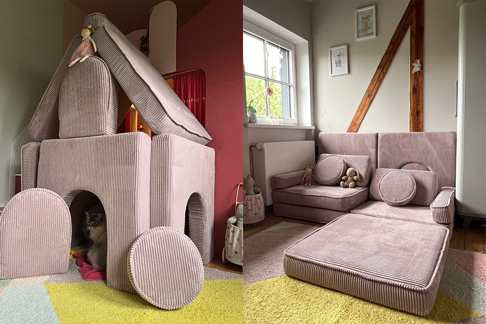 Domek z dachem zbudowany z Arches Corduroy w kolorze Candy