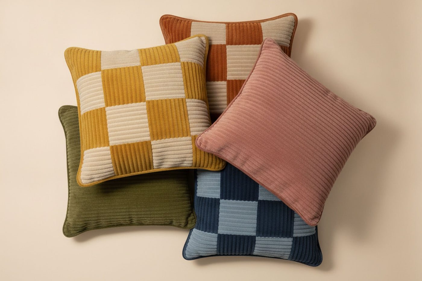 Poduszki Check Cushion w kilku miksach kolorów, od strony w szachownicę i od strony gładkiej