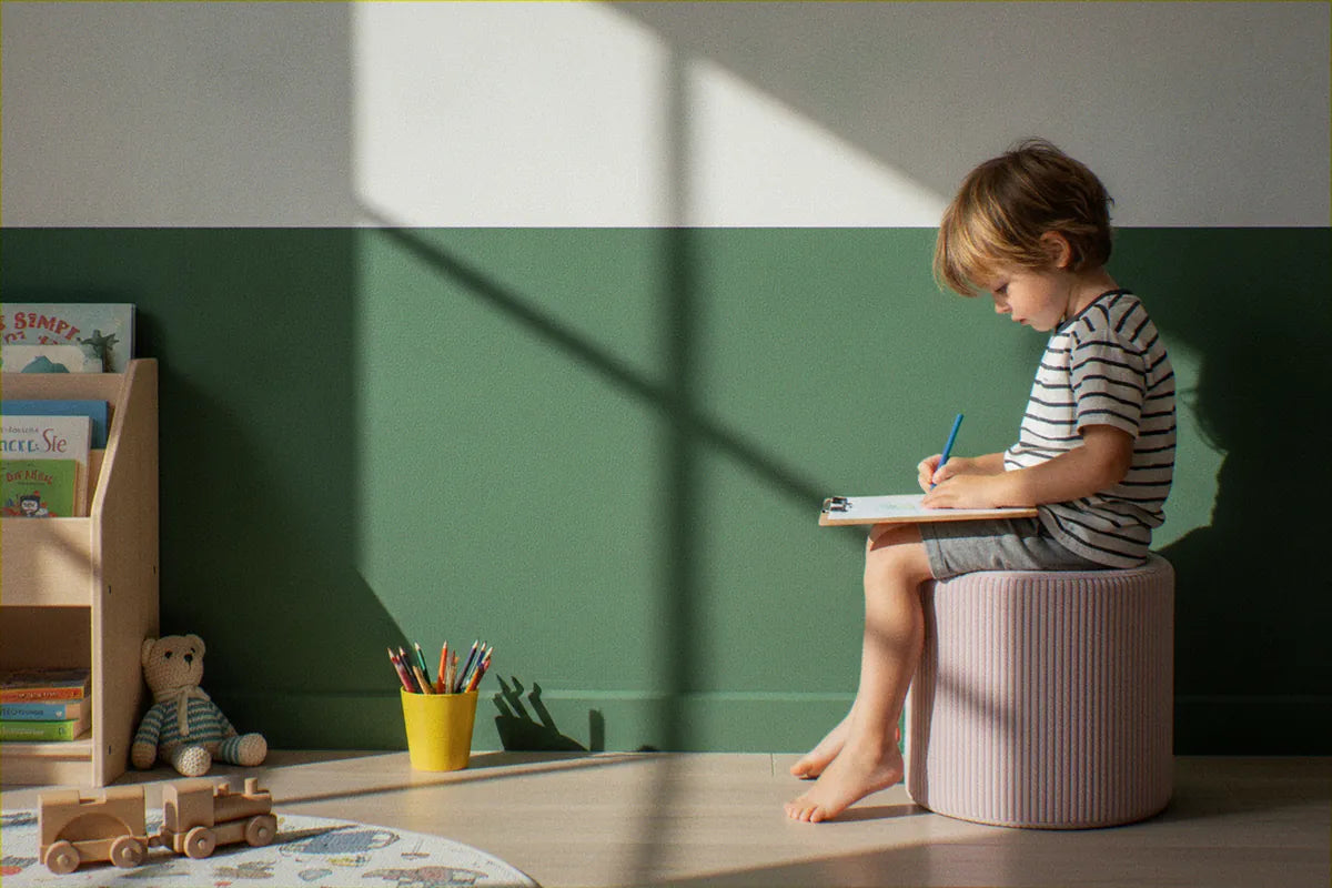 Chłopiec rysuje, siedząc na pufie Shappy Pouf Corduroy w kolorze Candy
